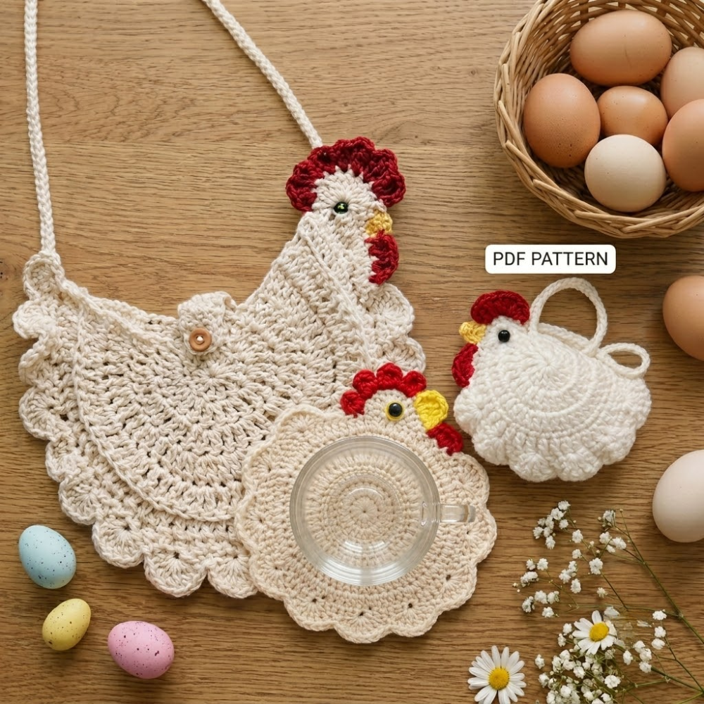 3 in 1 Chicken Bag & Egg Pouch and Coaster Crochet Pattern