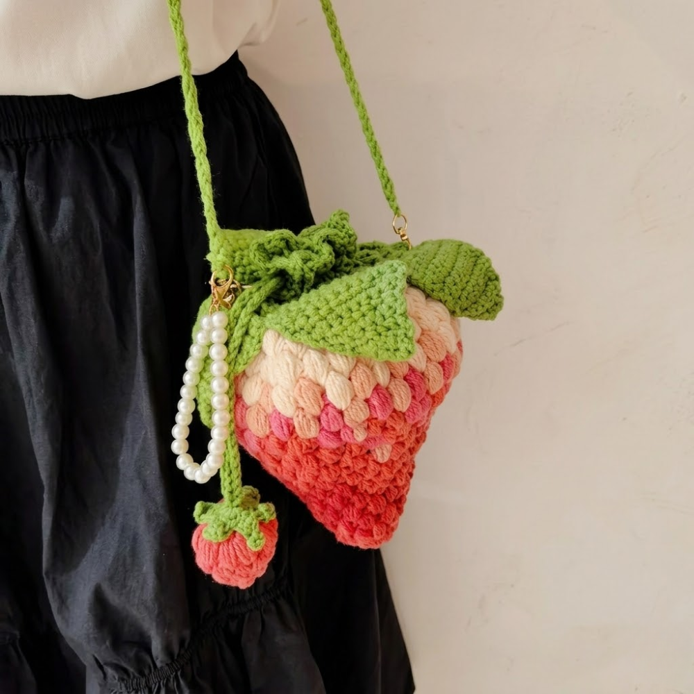 Strawberry Blossom Drawstring Bag Crochet Pattern